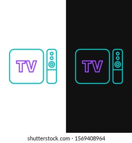 Green and purple line Multimedia and TV box receiver and player with remote controller icon isolated on white and black background.  Vector Illustration