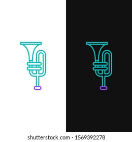 Green and purple line Musical instrument trumpet icon isolated on white and black background.  Vector Illustration