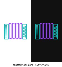 Green and purple line Musical instrument accordion icon isolated on white and black background. Classical bayan, harmonic.  Vector Illustration