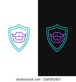 Green and purple line Mustache and beard on shield icon isolated on white and black background. Barbershop symbol. Facial hair style.  Vector Illustration