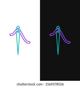 Green and purple line Needle for sewing with thread icon isolated on white and black background. Tailor symbol. Textile sew up craft sign. Embroidery tool.  Vector Illustration