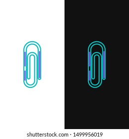 Green and purple line Paper clip icon isolated on white and black background.  Vector Illustration