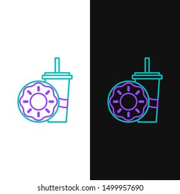 Green and purple line Paper glass with drinking straw and donut icon isolated on white and black background. Soda aqua drink sign. Fast food menu.  Vector Illustration