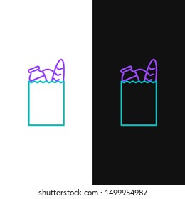 Green and purple line Paper shopping bag and food icon isolated on white and black background. Food store, supermarket.  Vector Illustration