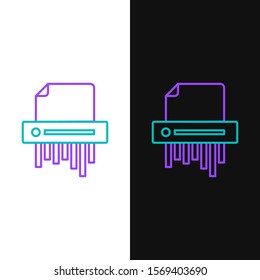 Green and purple line Paper shredder confidential and private document office information protection icon isolated on white and black background.  Vector Illustration