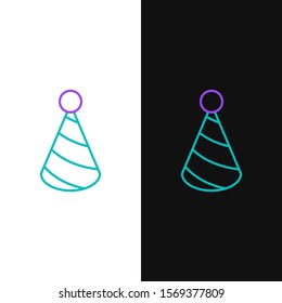 Green and purple line Party hat icon isolated on white and black background. Birthday hat.  Vector Illustration