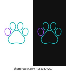 Green and purple line Paw print icon isolated on white and black background. Dog or cat paw print. Animal track.  Vector Illustration