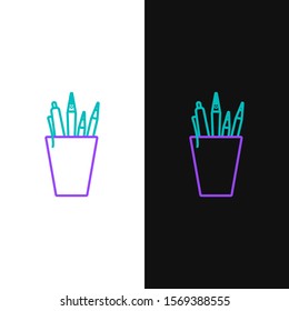 Green and purple line Pencil case stationery icon isolated on white and black background. Pencil, pen, ruler in a glass for office.  Vector Illustration
