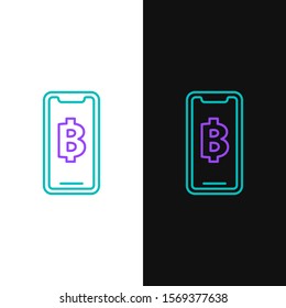 Green and purple line Phone mobile and cryptocurrency coin Bitcoin icon isolated on white and black background. Physical bit coin. Blockchain based secure crypto currency.  Vector Illustration