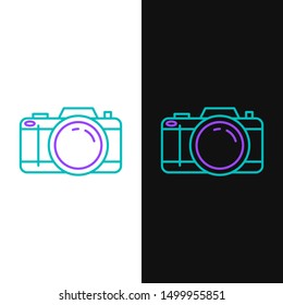 Green and purple line Photo camera icon isolated on white and black background. Foto camera icon.  Vector Illustration