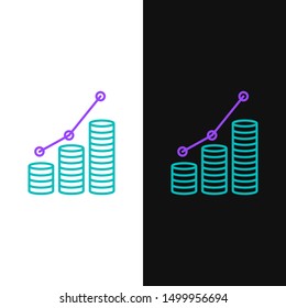 Green and purple line Pie chart infographic and coin icon isolated on white and black background. Diagram chart sign.   Vector Illustration