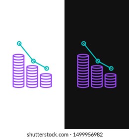 Green and purple line Pie chart infographic and coin icon isolated on white and black background. Diagram chart sign.   Vector Illustration
