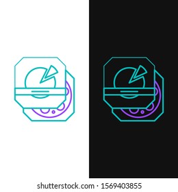 Green and purple line Pizza in cardboard box icon isolated on white and black background. Box with layout elements.  Vector Illustration