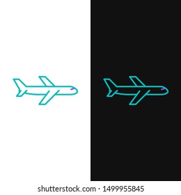 Green and purple line Plane icon isolated on white and black background. Flying airplane icon. Airliner sign. Vector Illustration Green and purple line Plane icon isolated on white and black background. Flying airplane icon. Airliner sign. Vector Illustration