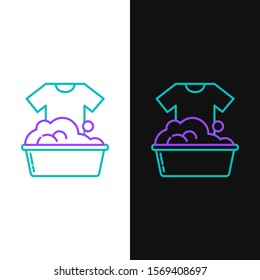 Green and purple line Plastic basin with soap suds icon isolated on white and black background. Bowl with water. Washing clothes, cleaning equipment.  Vector Illustration