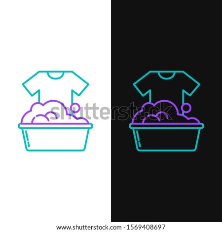 Green and purple line Plastic basin with soap suds icon isolated on white and black background. Bowl with water. Washing clothes, cleaning equipment.  Vector Illustration