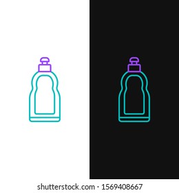 Green and purple line Plastic bottle for liquid laundry detergent, bleach, dishwashing liquid or another cleaning agent icon isolated on white and black background.  Vector Illustration