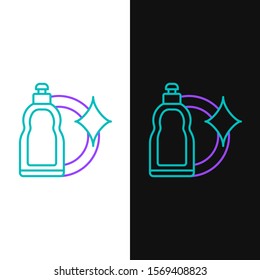 Green and purple line Plastic bottle for liquid laundry detergent, bleach, dishwashing liquid or another cleaning agent icon isolated on white and black background.  Vector Illustration