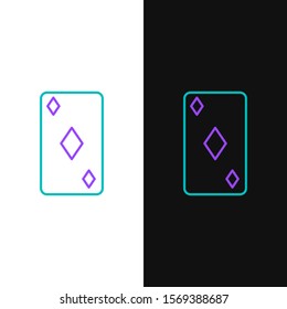 Green and purple line Playing card with diamonds symbol icon isolated on white and black background. Casino gambling.  Vector Illustration