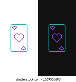 Green and purple line Playing card with heart symbol icon isolated on white and black background. Casino gambling.  Vector Illustration