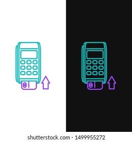 Green and purple line Pos terminal with inserted credit card icon isolated on white and black background. Payment terminal transaction. Pay by card.  Vector Illustration