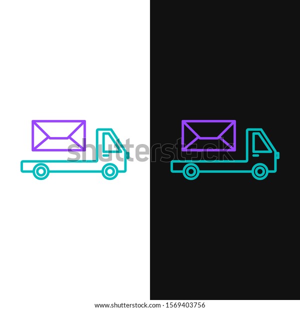 Green and purple line Post\
truck icon isolated on white and black background. Mail car.\
Vehicle truck transport with envelope or letter.  Vector\
Illustration