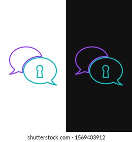 Green and purple line Protection of personal data icon isolated on white and black background. Speech bubble and key.  Vector Illustration
