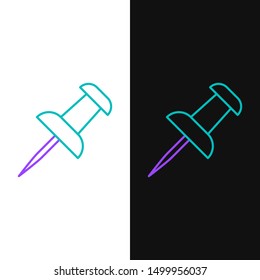 Green and purple line Push pin icon isolated on white and black background. Thumbtacks sign.  Vector Illustration