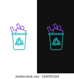 Green and purple line Recycle bin with recycle symbol icon isolated on white and black background. Trash can icon. Garbage bin sign. Recycle basket sign.  Vector Illustration
