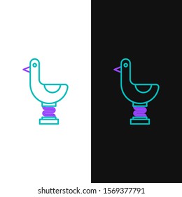 Green and purple line Riding kid duck icon isolated on white and black background.  Vector Illustration