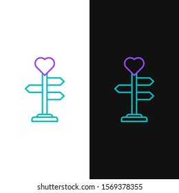 Green and purple line Road traffic sign. Signpost with heart icon isolated on white and black background. Isolated street information sign. Direction sign.  Vector Illustration