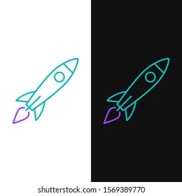 Green and purple line Rocket ship with fire icon isolated on white and black background. Space travel.  Vector Illustration