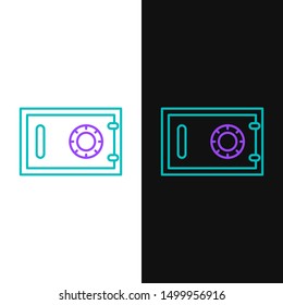 Green and purple line Safe icon isolated on white and black background. The door safe a bank vault with a combination lock. Reliable Data Protection.   Vector Illustration