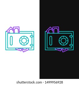 Green and purple line Safe and money icon isolated on white and black background. The door safe a bank vault with a combination lock. Reliable Data Protection.   Vector Illustration