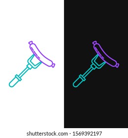 Green and purple line Sausage on the fork icon isolated on white and black background. Grilled sausage and aroma sign.  Vector Illustration