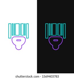 Green and purple line Scanner scanning bar code icon isolated on white and black background. Barcode label sticker. Identification for delivery with bars.  Vector Illustration