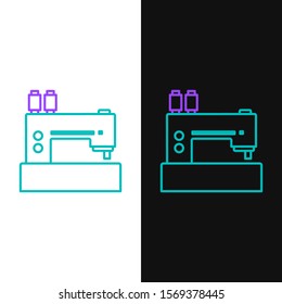 Green and purple line Sewing machine icon isolated on white and black background.  Vector Illustration