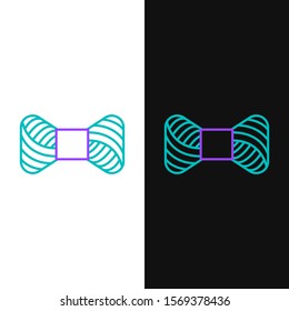 Green and purple line Sewing thread on spool icon isolated on white and black background. Yarn spool. Thread bobbin.  Vector Illustration