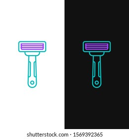 Green and purple line Shaving razor icon isolated on white and black background.  Vector Illustration