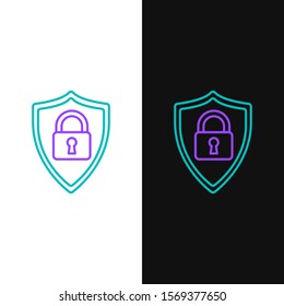 Green and purple line Shield security with lock icon isolated on white and black background. Protection, safety, password security. Firewall access privacy sign.  Vector Illustration
