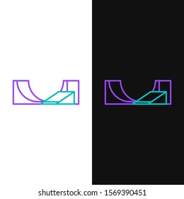 Green and purple line Skate park icon isolated on white and black background. Set of ramp, roller, stairs for a skatepark. Extreme sport.  Vector Illustration