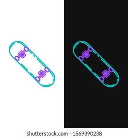Green and purple line Skateboard trick icon isolated on white and black background. Extreme sport. Sport equipment.  Vector Illustration
