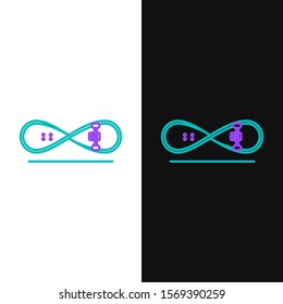 Green and purple line Skateboard trick icon isolated on white and black background. Extreme sport. Sport equipment.  Vector Illustration