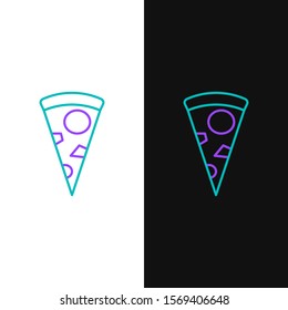 Green and purple line Slice of pizza icon isolated on white and black background.  Vector Illustration