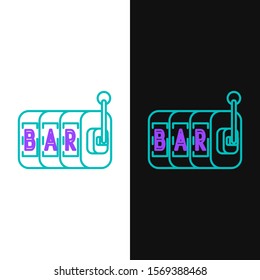 Green and purple line Slot machine icon isolated on white and black background.  Vector Illustration