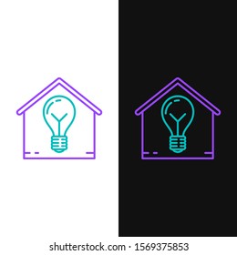Green and purple line Smart house and light bulb icon isolated on white and black background.  Vector Illustration