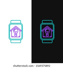 Green and purple line Smart watch with smart house and light bulb icon isolated on white and black background.  Vector Illustration