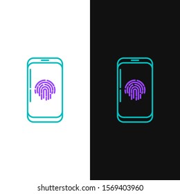 Green and purple line Smartphone with fingerprint scanner icon isolated on white and black background. Concept of security, personal access via finger on mobile phone.  Vector Illustration