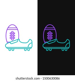 Green and purple line Soccer or football shoes with spikes icon isolated on white and black background. American football boot and ball.  Vector Illustration