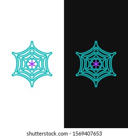 Green and purple line Spider web icon isolated on white and black background. Cobweb sign. Happy Halloween party.  Vector Illustration
